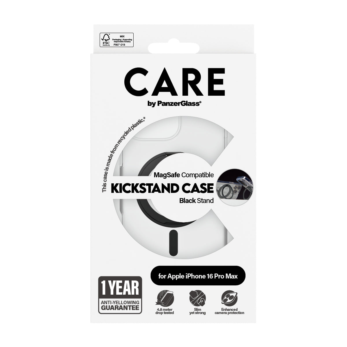 PanzerGlass CARE Coque Transparente avec Support Noir et MagSafe pour iPhone 16 Pro Max