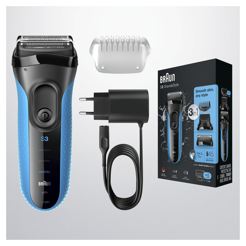 Braun Series 3 Shave&Style 3010BT Rasoir à grille Tondeuse Noir, Bleu - vue 6