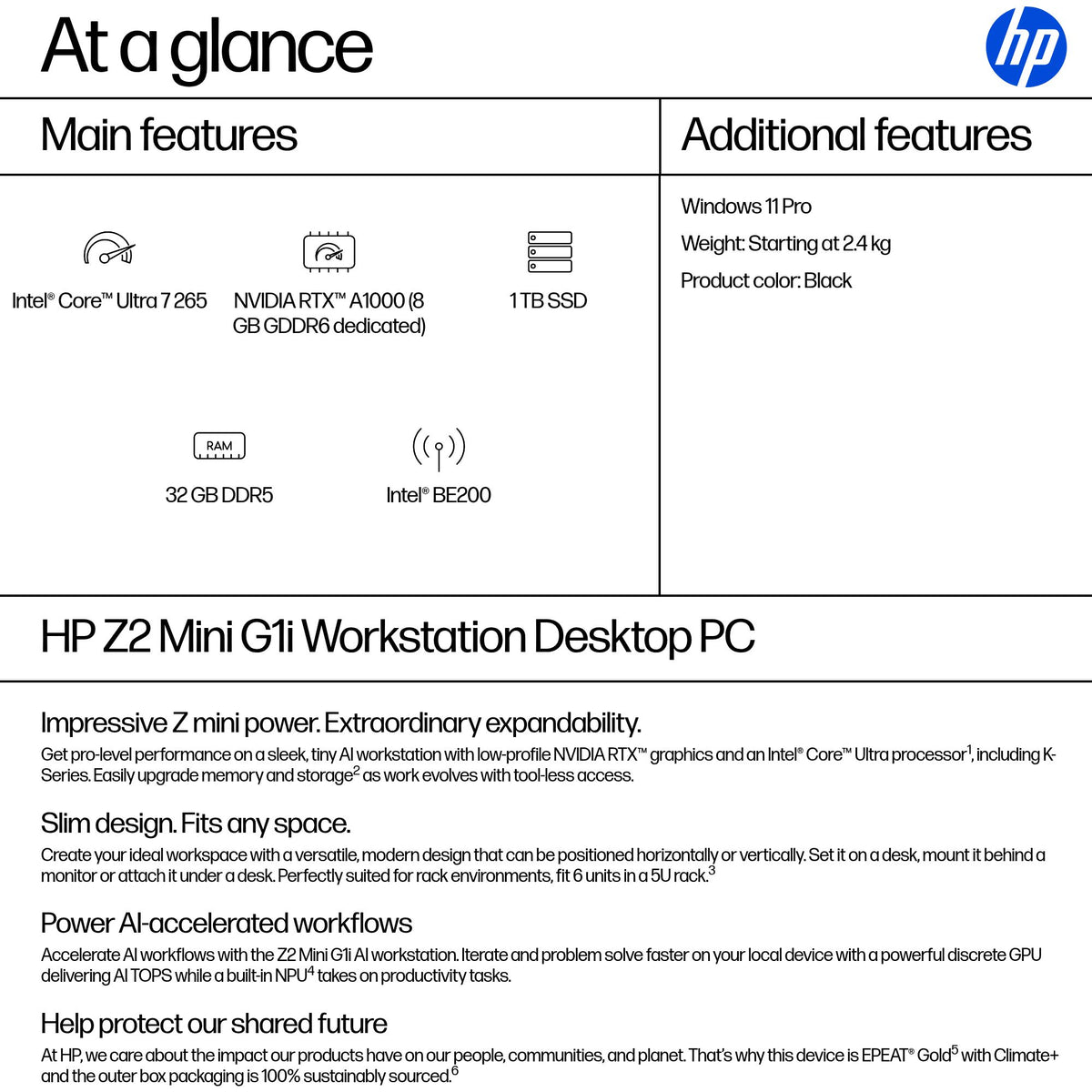 HP Workstation Z2 G1i Mini Core Ultra 7 265, 32GB RAM, 1TB SSD, NVIDIA RTX A1000, Windows 11 Pro