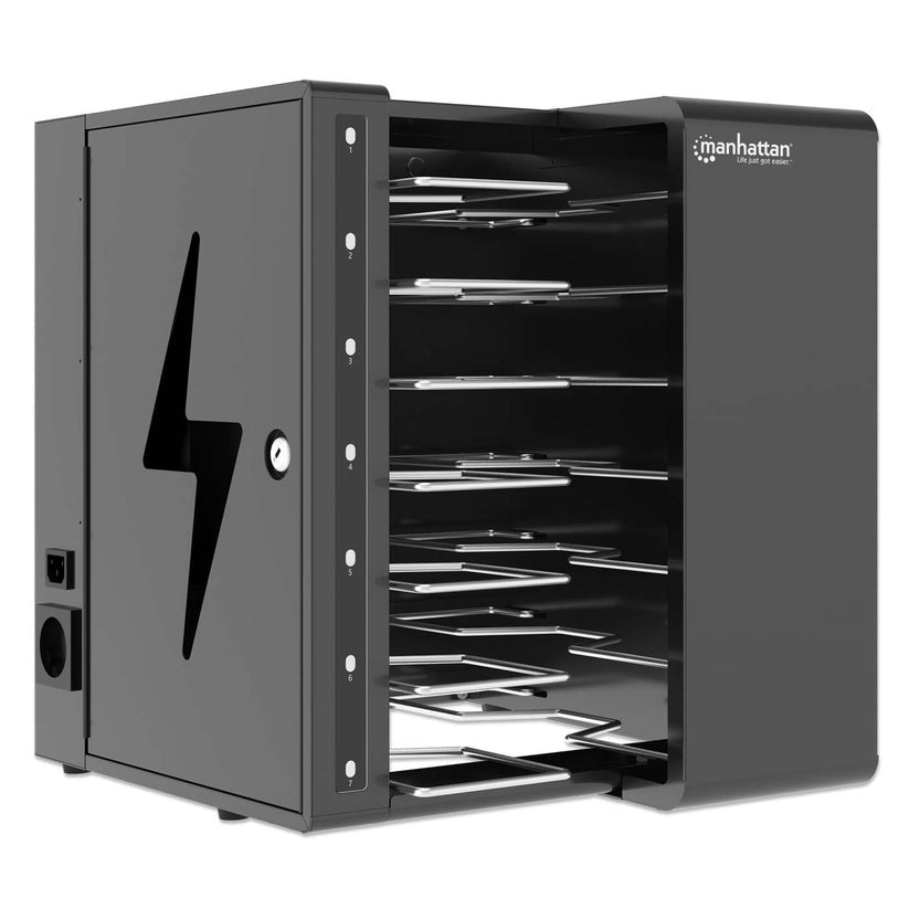 Manhattan Armoire de charge USB-C 65W de bureau 7 ordinateurs portables (jusqu’à 16"), compatible avec ordinateurs portables, iPads, MacBooks et autres appareils USB-C, compartiments 402×290×50 mm, câbles USB-C inclus, chariot, câbles d’alimentation EU/UK - vue 2