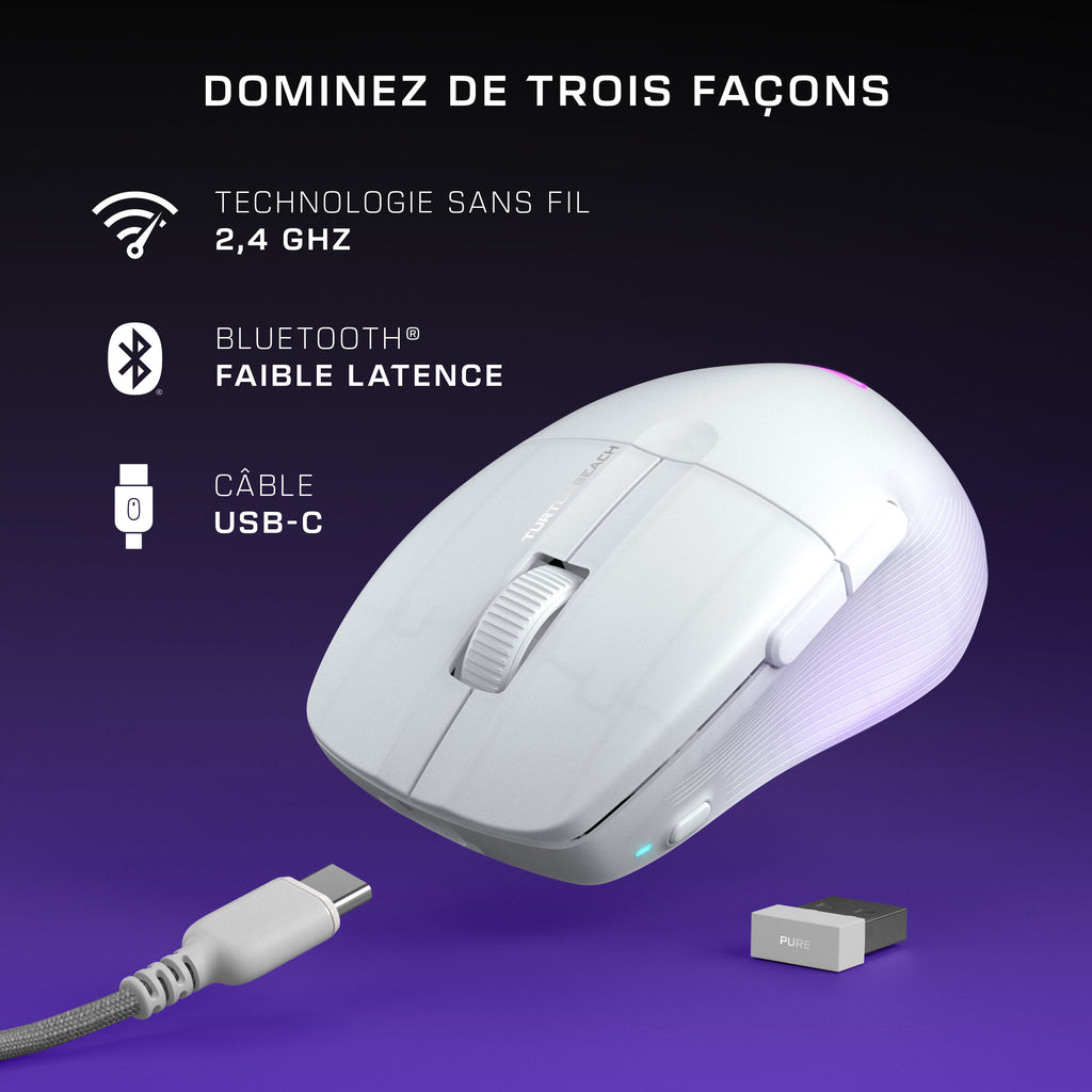 Turtle Beach Pure Air - Souris de gaming RGB ergonomique sans fil ultra-légère, capteur optique 26 000 PPP, batterie 125