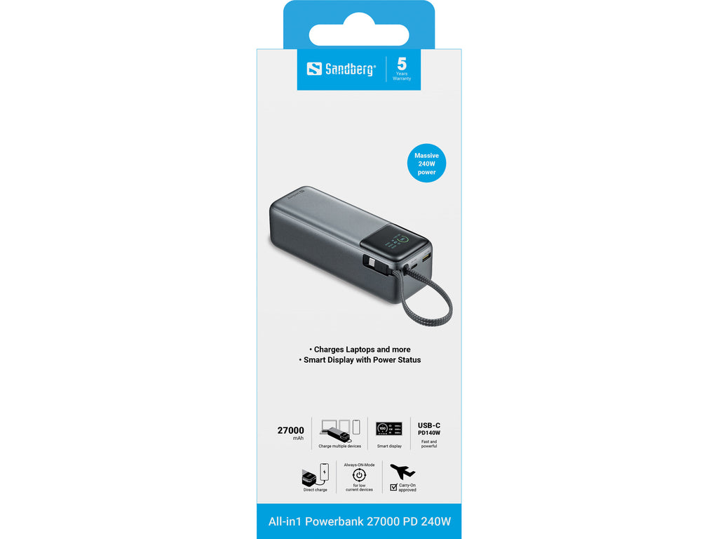 Sandberg 421-31 Powerbank 27000 mAh 240W PD, Batterie Externe LiPo, Noir et Gris