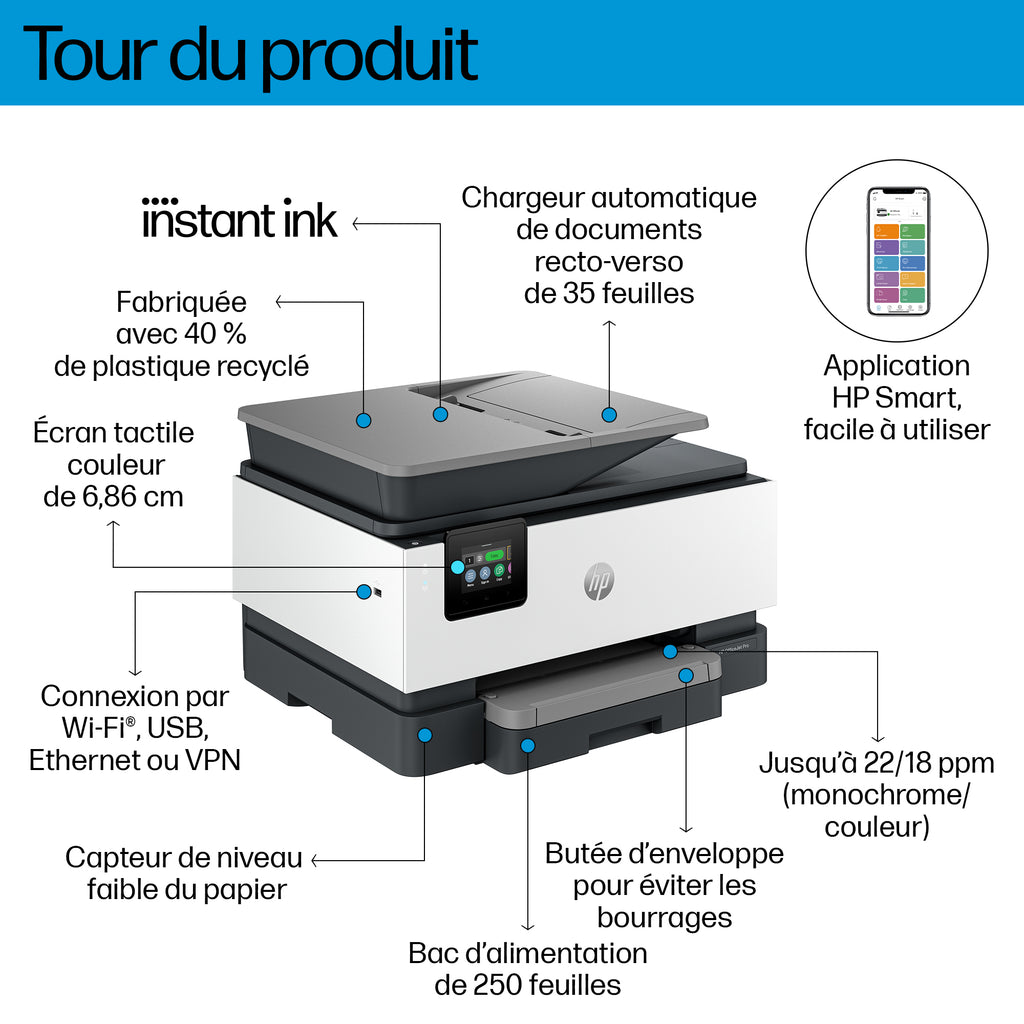 HP OfficeJet Pro 9120e Sans fil All-in-One Couleur Imprimante, Instant Ink; Impression recto-verso