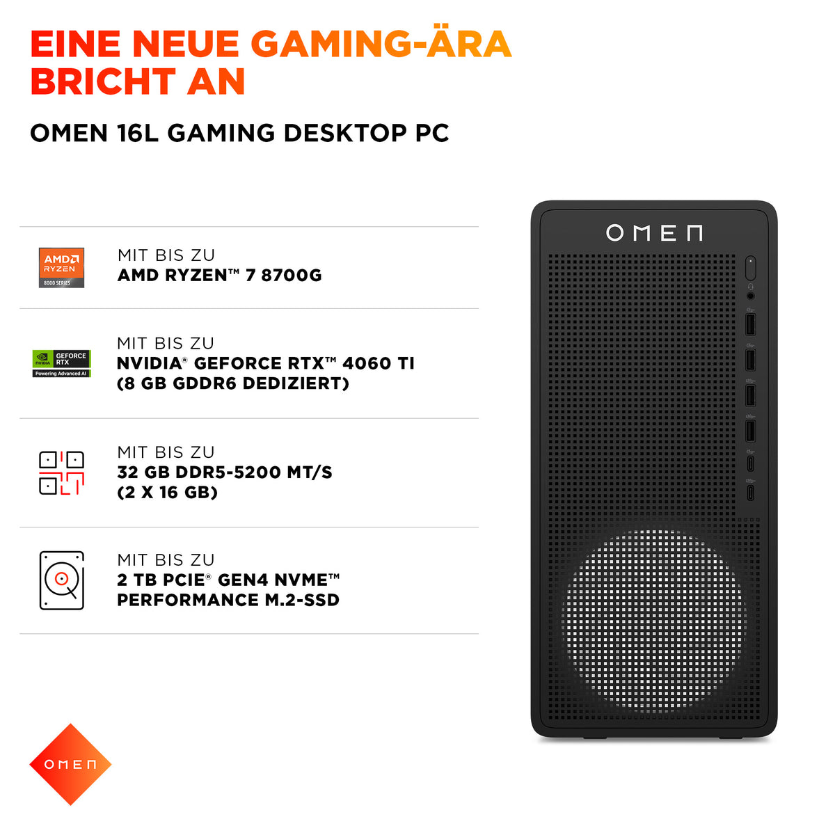 HP OMEN 16L TG03-0177ng PC de Bureau Gaming AMD Ryzen 7 8700F, 32GB RAM, 1TB SSD, NVIDIA GeForce RTX 5060 Ti 16GB, Win11