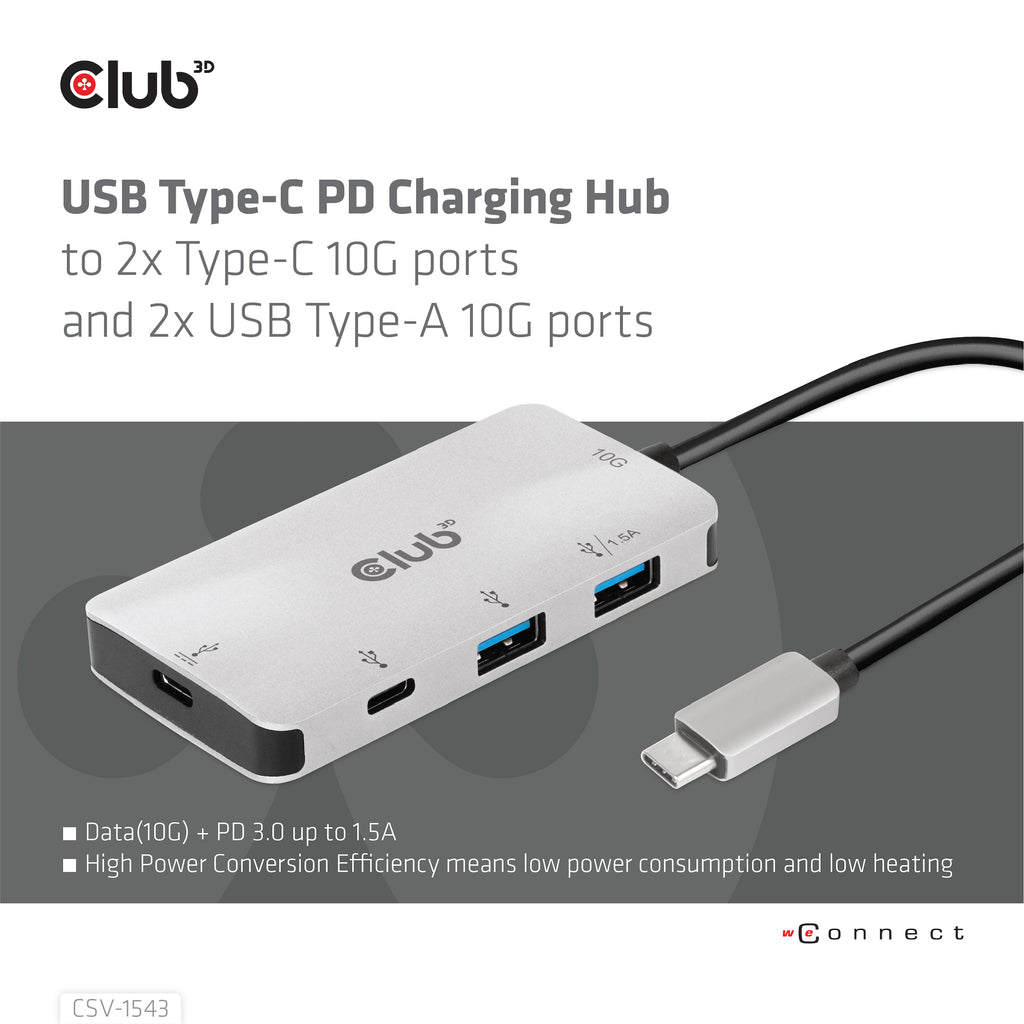 CLUB3D CSV-1543 Hub USB 3.2 Gen 2 Type-C 10 Gbps Noir et Argent