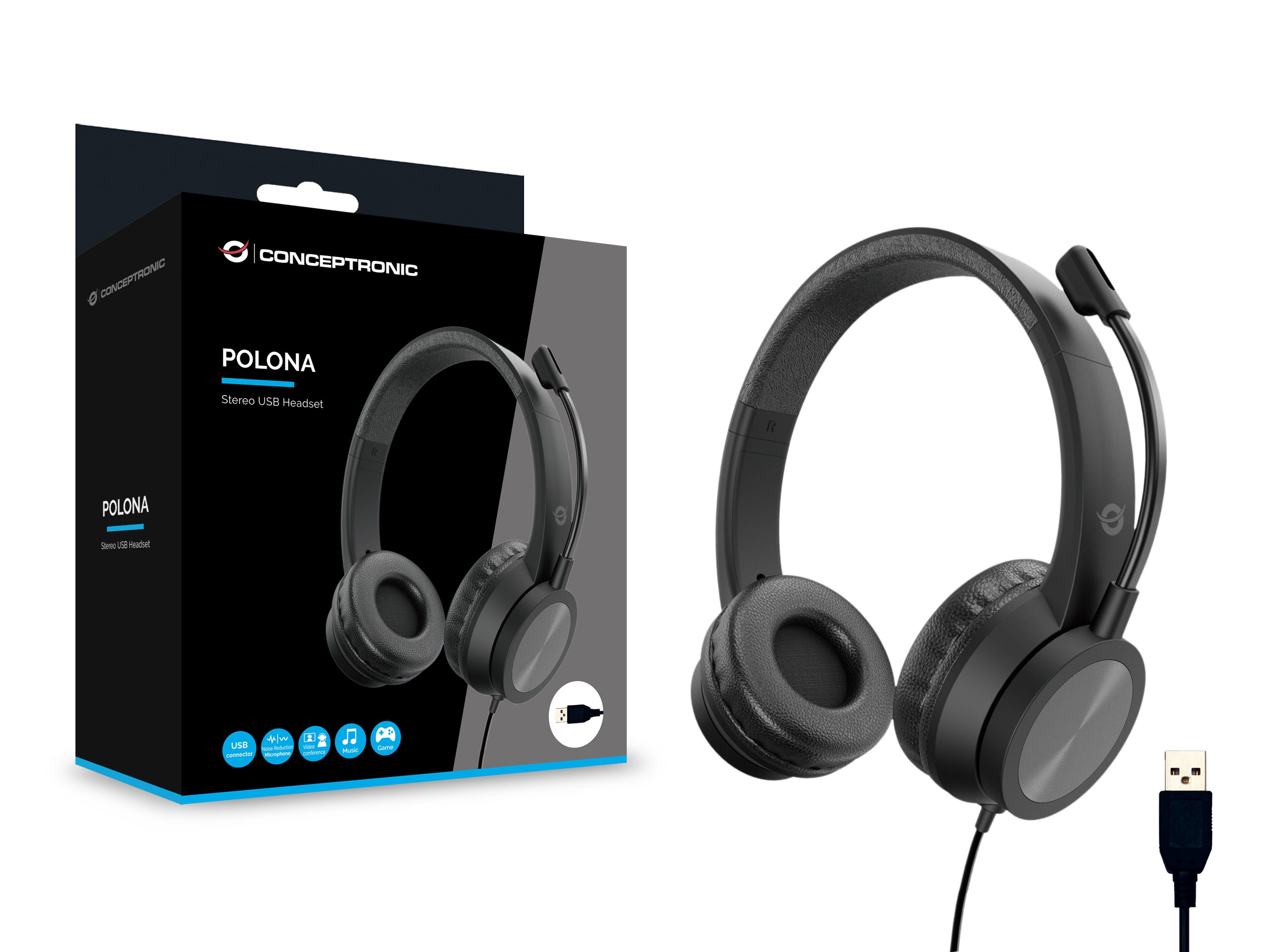 Conceptronic POLONA05B casque Avec fil Arceau Business/Everyday USB Type-A Noir