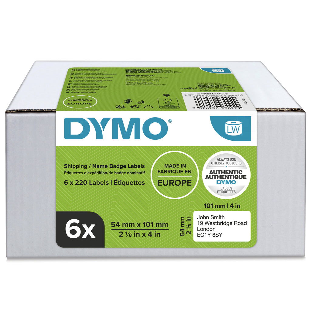 DYMO LW Étiquettes Autocollantes 54 mm x 101 mm, 6 Rouleaux de 220, Blanc