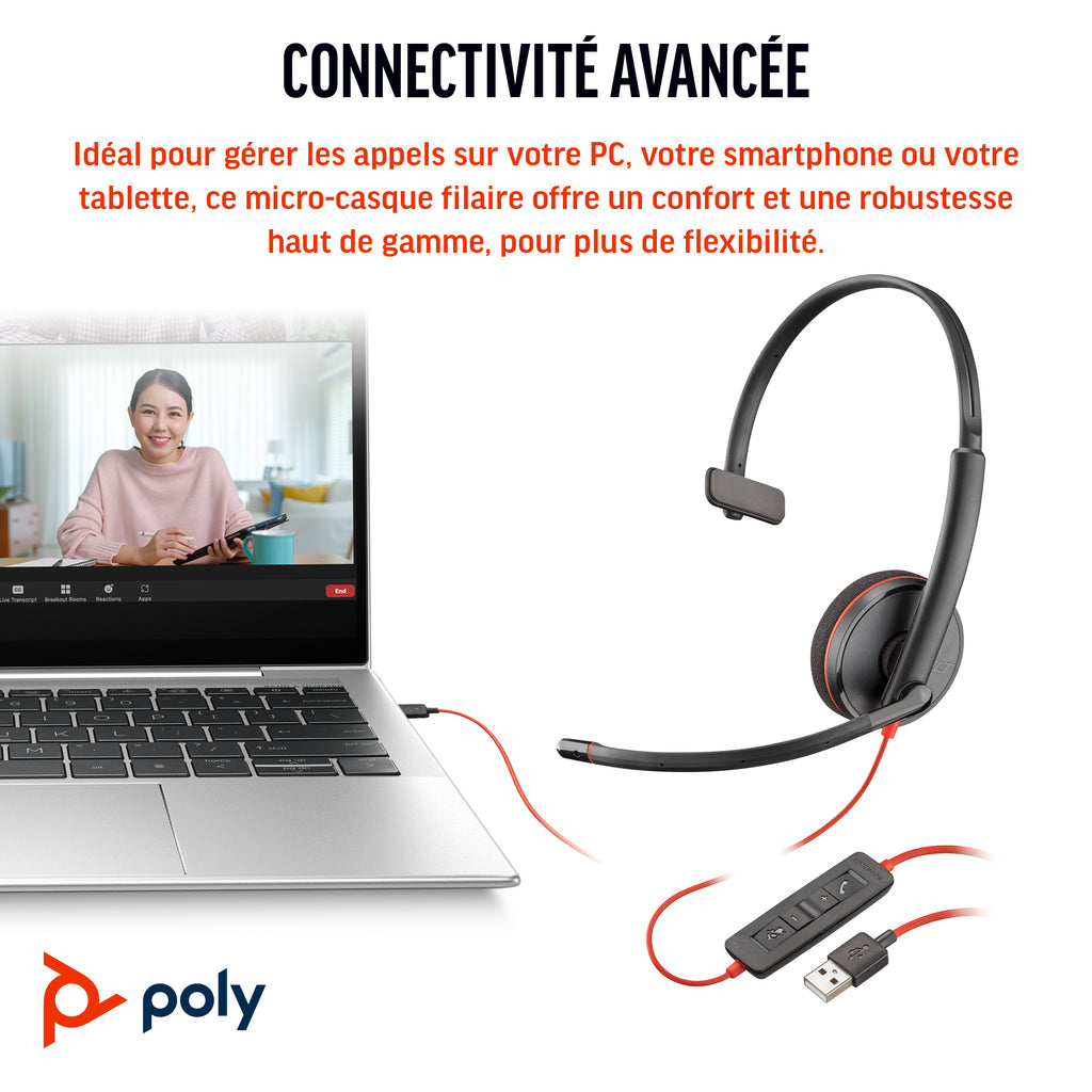 HP Poly Micro-casque Poly Blackwire 3210 monaural USB-C + adaptateur USB-C/A