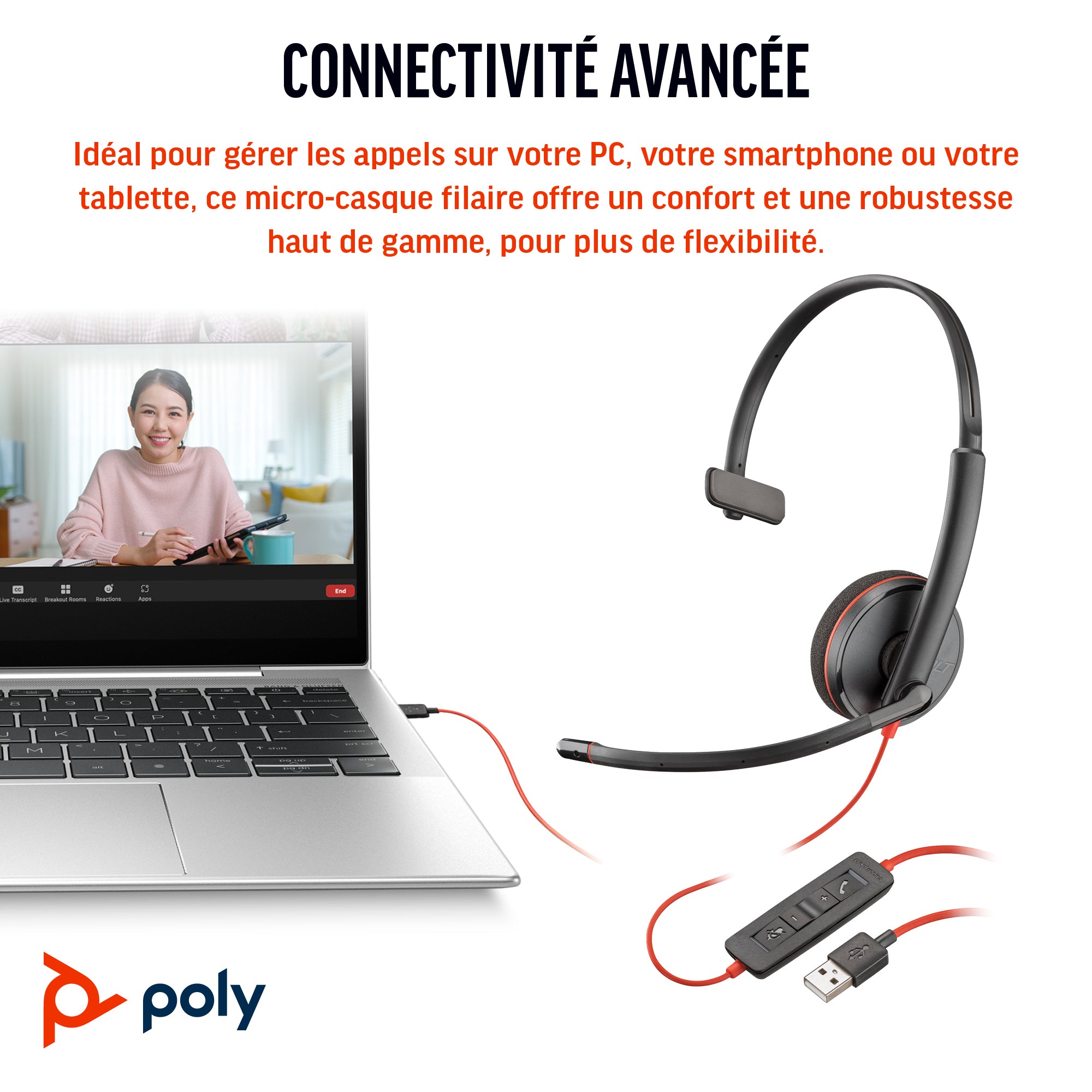 HP Poly Micro-casque Poly Blackwire 3210 monaural USB-C + adaptateur USB-C/A