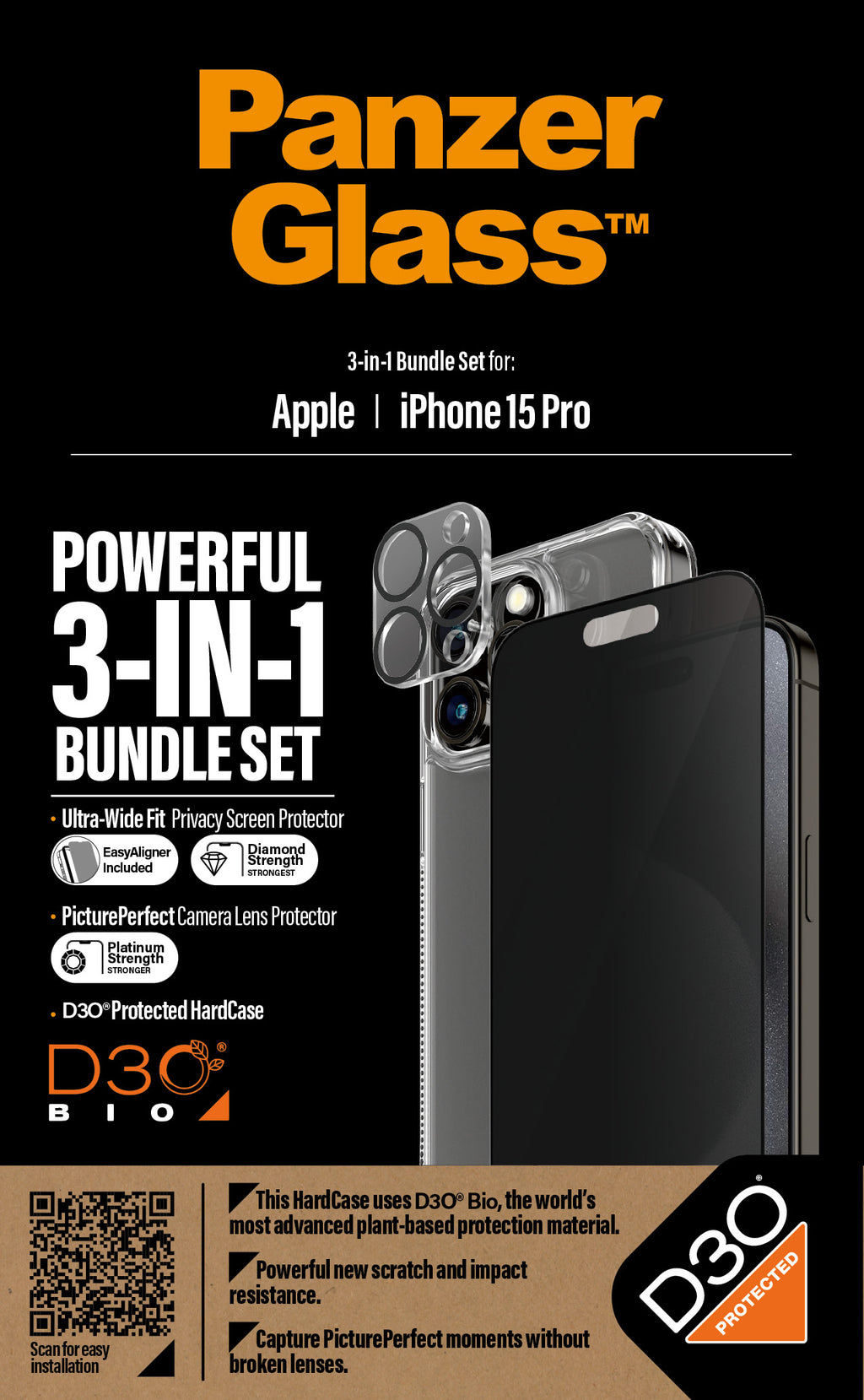 PanzerGlass ® 3-in-1 Privacy Bundle iPhone 15 Pro Protection d'écran transparent Apple 1 pièce(s)