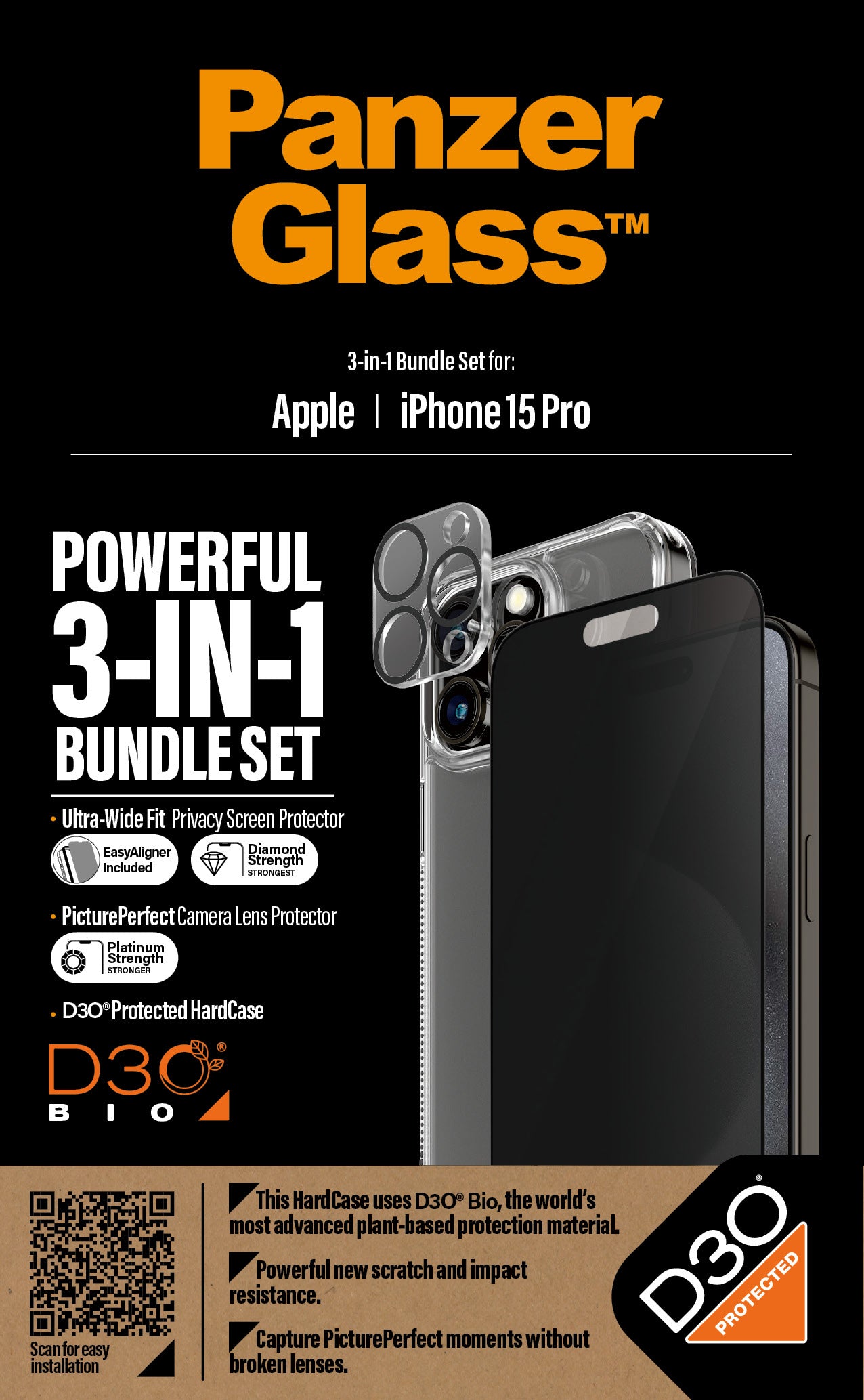 PanzerGlass ® 3-in-1 Privacy Bundle iPhone 15 Pro Protection d'écran transparent Apple 1 pièce(s)
