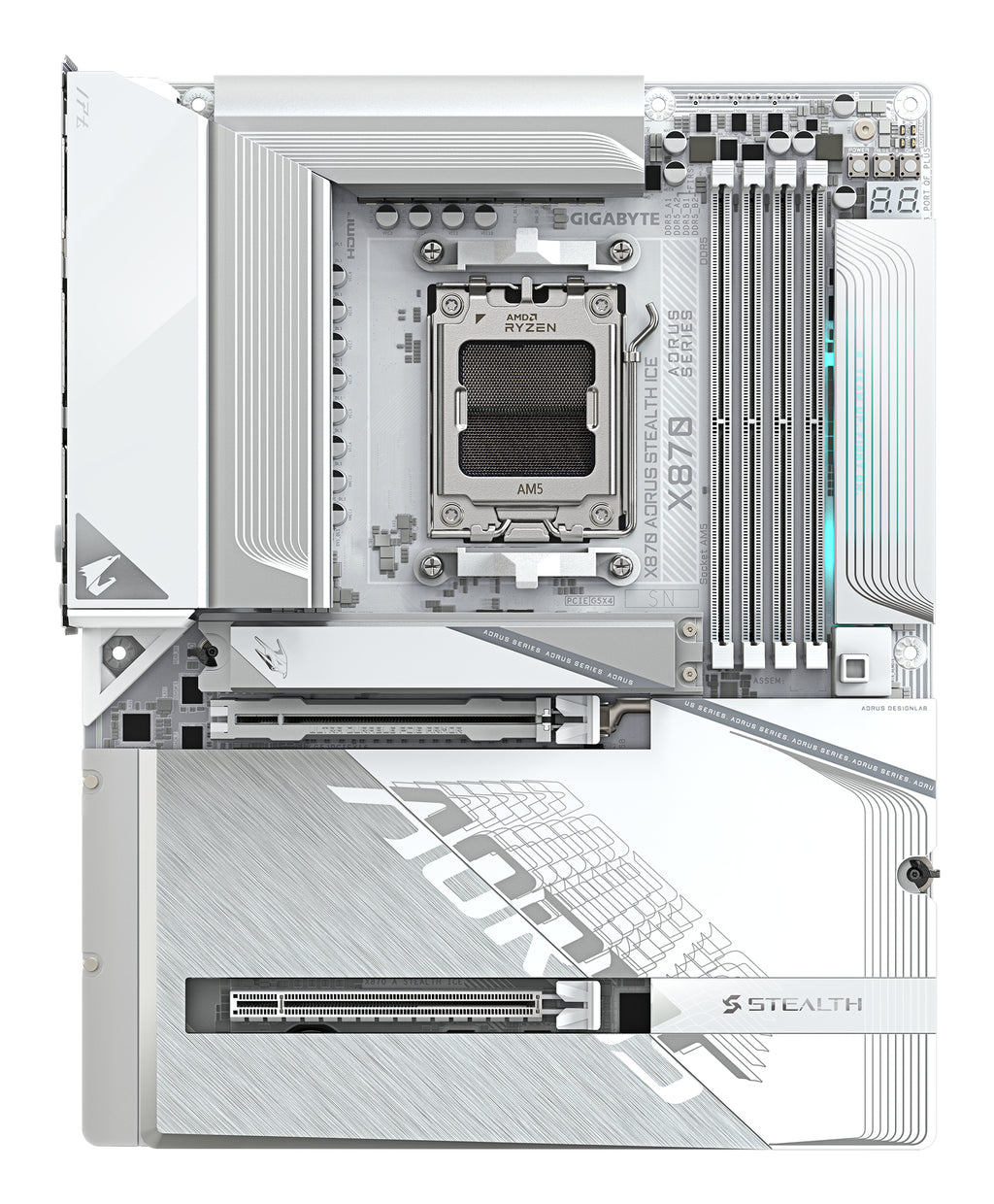 GIGABYTE X870 AORUS STEALTH ICE Carte Mère – Prend en charge les processeurs AMD Ryzen 9000, VRM numérique 16+2+2 phases, jusqu’à 8200 MHz DDR5 (OC), 2 x PCIe 5.0 + 2 x PCIe 4.0, Wi-Fi 7, LAN 5 GbE, USB 4