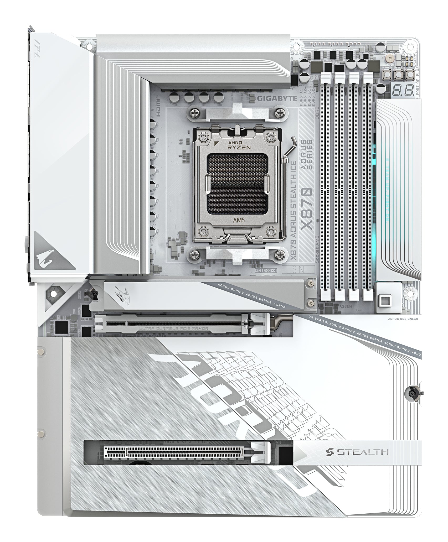 GIGABYTE X870 AORUS STEALTH ICE Carte Mère – Prend en charge les processeurs AMD Ryzen 9000, VRM numérique 16+2+2 phases, jusqu’à 8200 MHz DDR5 (OC), 2 x PCIe 5.0 + 2 x PCIe 4.0, Wi-Fi 7, LAN 5 GbE, USB 4