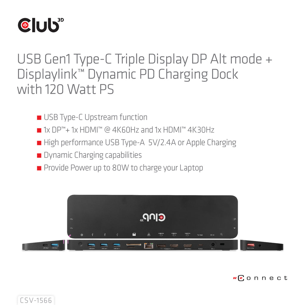 CLUB3D CSV-1566 Station d'accueil USB 3.2 Gen 1 Type-C, Noir