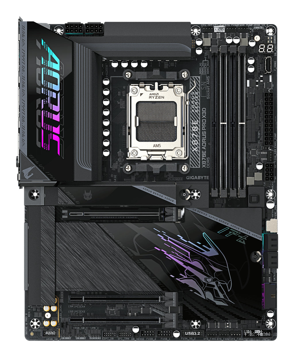 GIGABYTE X870E AORUS PRO X3D Carte Mère - Prend en charge les processeurs AMD Ryzen 9000, VRM numérique 18+2+2 phases, jusqu’à 9000MHz DDR5 (O.C.), 2xPCIe 5.0 + 2xPCIe 4.0, Wi-Fi 7, LAN 5GbE, USB 4