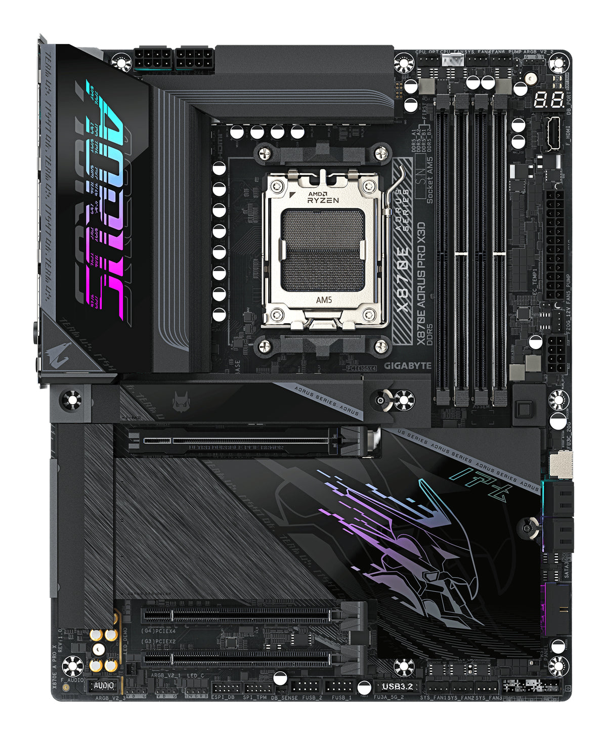 GIGABYTE X870E AORUS PRO X3D Carte Mère - Prend en charge les processeurs AMD Ryzen 9000, VRM numérique 18+2+2 phases, jusqu’à 9000MHz DDR5 (O.C.), 2xPCIe 5.0 + 2xPCIe 4.0, Wi-Fi 7, LAN 5GbE, USB 4