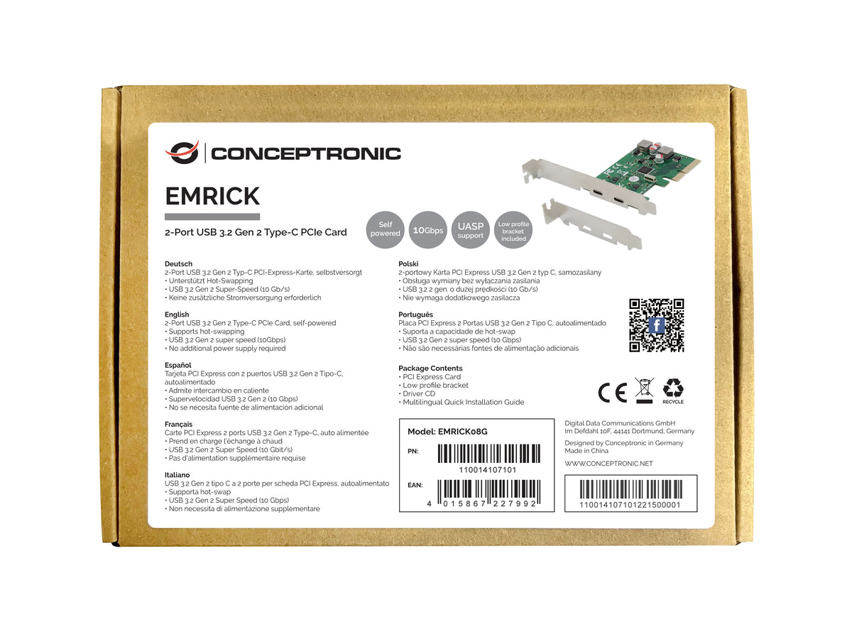Conceptronic EMRICK08G Carte Adaptateur Interne USB 3.2 Gen 2 (3.1 Gen 2) PCIe