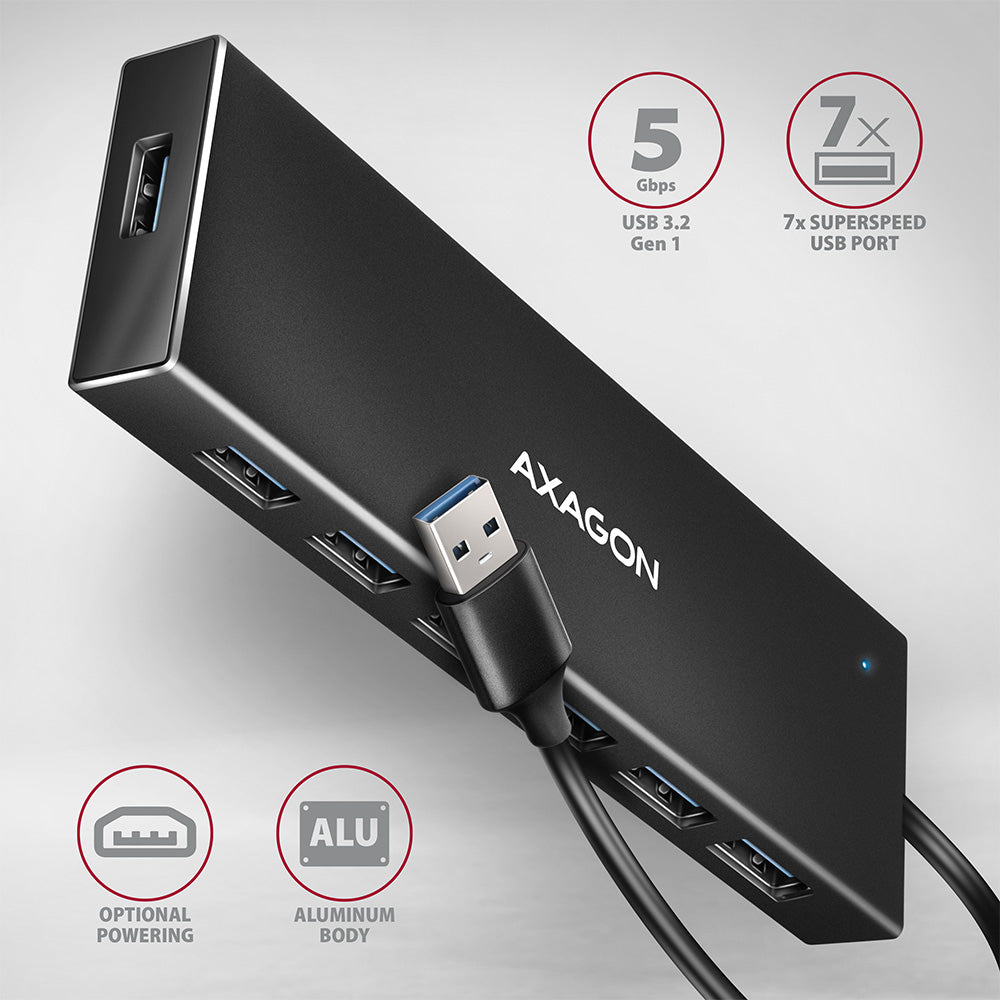 Axagon HUE-F7A Hub USB 3.2 Gen 1, 7 Ports, Aluminium Flat, Noir