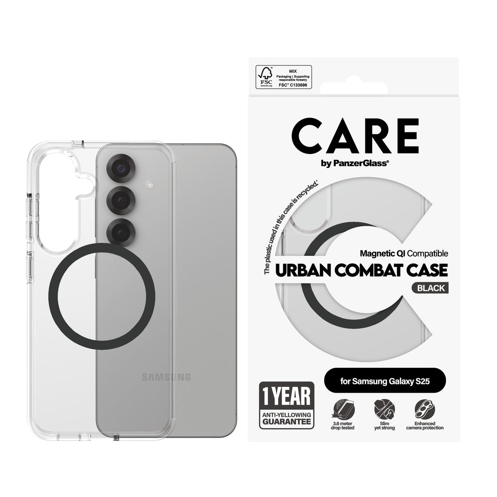 PanzerGlass PanzerGlass CARE™ by ® Urban Combat Case Transparent w. Black Qi Compatible Samsung Galaxy S25 coque de protection pour téléphones portables Housse