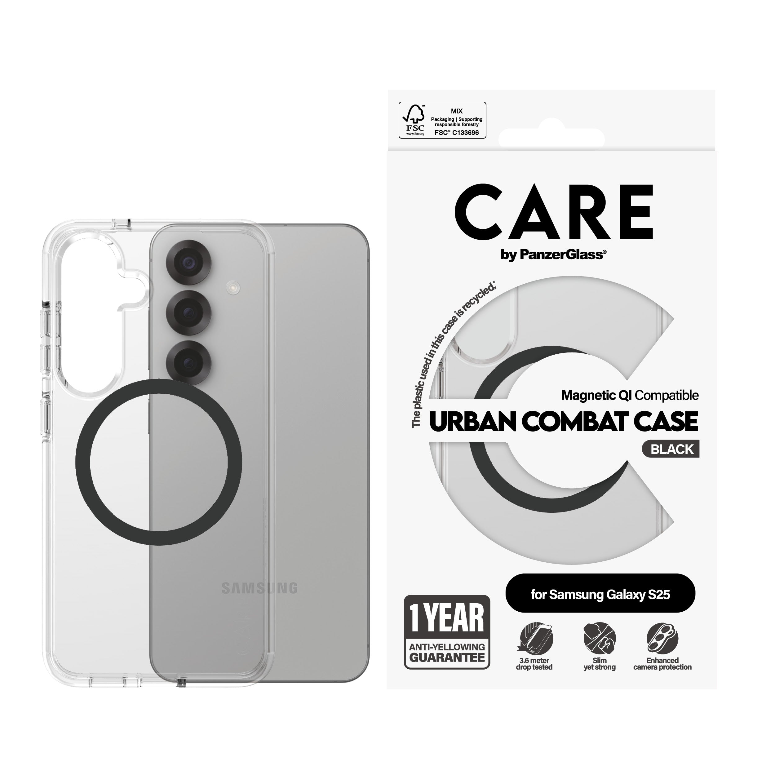 PanzerGlass PanzerGlass CARE™ by ® Urban Combat Case Transparent w. Black Qi Compatible Samsung Galaxy S25 coque de protection pour téléphones portables Housse