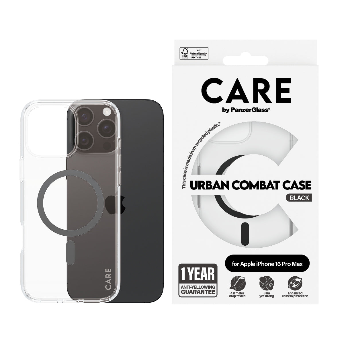 PanzerGlass CARE™ by ® Urban Combat Case Transparent w. Black MagSafe iPhone 16 Pro Max coque de protection pour télépho