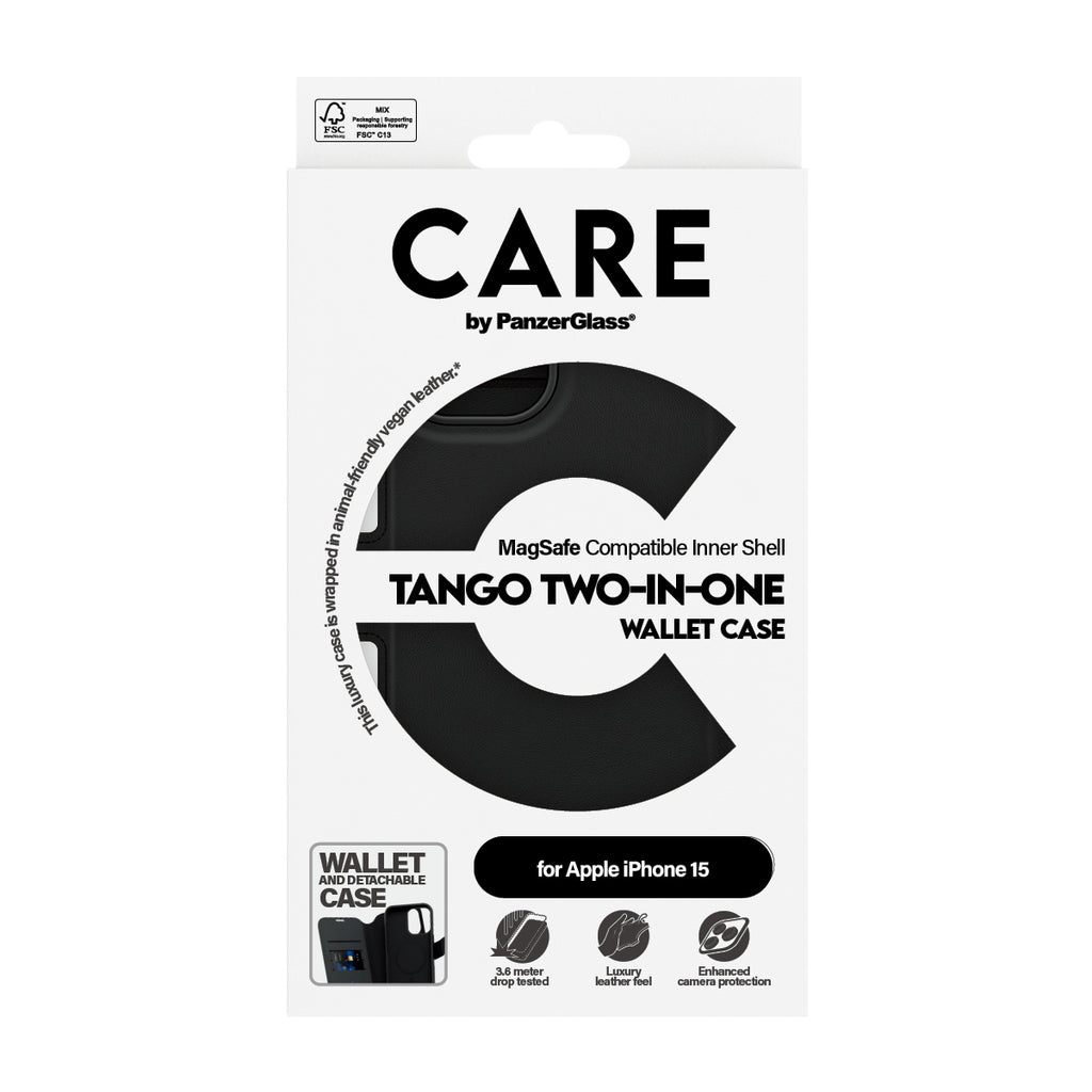PanzerGlass CARE by Tango Étui Portefeuille 2-en-1 avec MagSafe pour iPhone 15, Noir