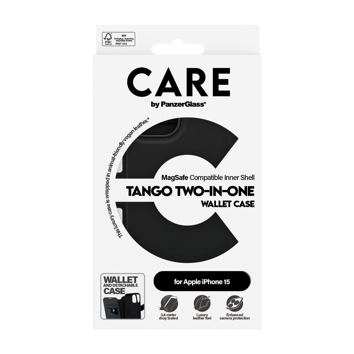 PanzerGlass CARE by Tango Étui Portefeuille 2-en-1 avec MagSafe pour iPhone 15, Noir