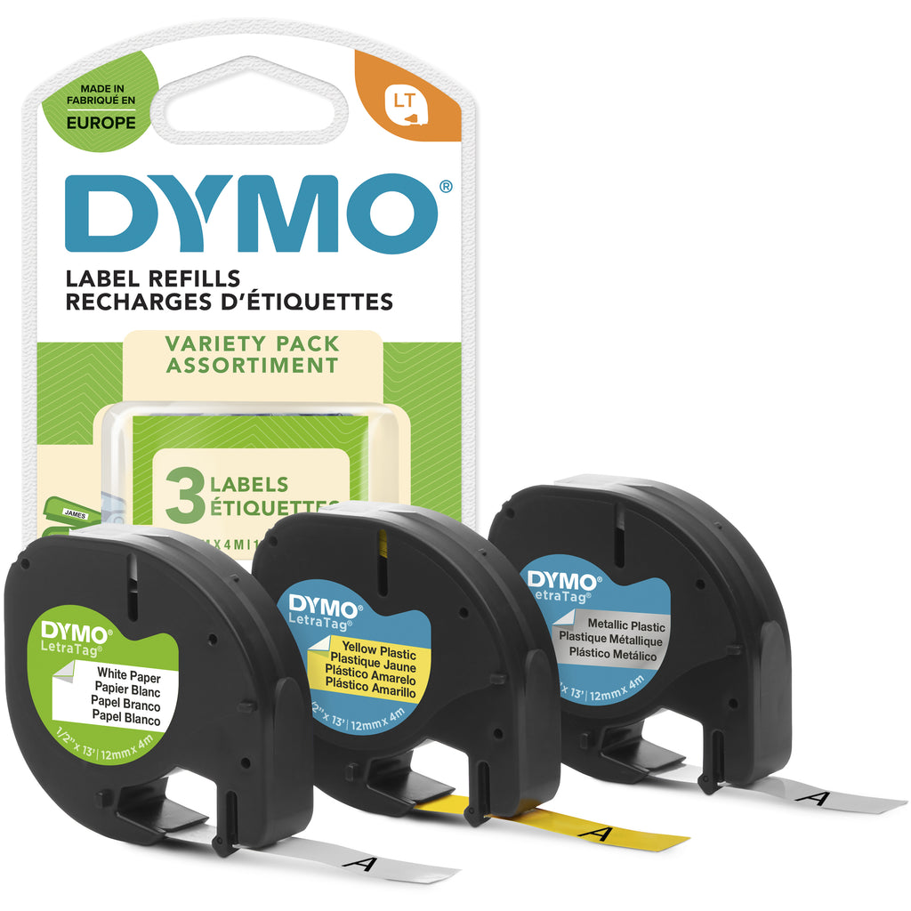 DYMO LetraTag Étiquettes Starter Set | 12 mm x 4 m (3 cassettes) | impression noir sur jaune/argent/blancpapier/plastique/métal | Étiquettes autocollantes pour étiqueteuse LetraTag