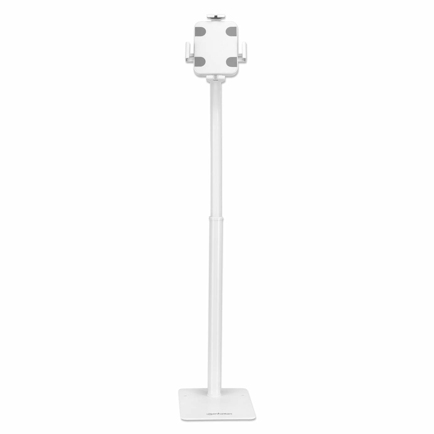 Manhattan Support de sol antivol pour tablette et iPad, universel, rotation 360°, inclinaison +20° à -110°, verrouillable, blanc, pour tablettes 7,9"–11", hauteur réglable 790 à 1190 mm, fixation à l’arrière au sol possible