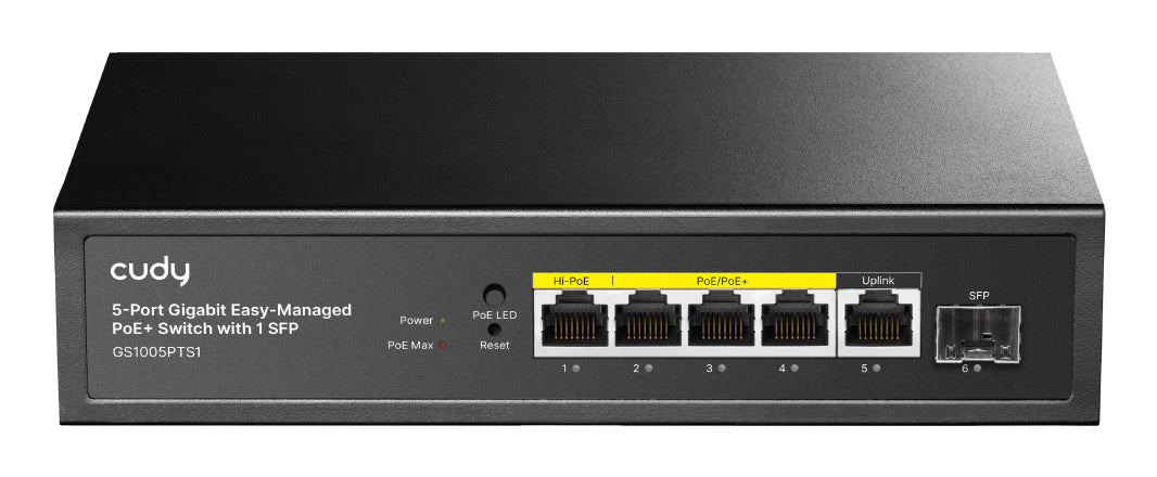 Cudy GS1005PTS1 commutateur réseau Gigabit Ethernet (10/100/1000) Connexion Ethernet, supportant l'alimentation via ce port (PoE) Noir