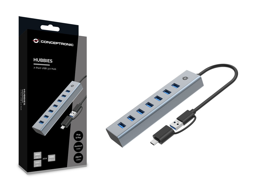 Conceptronic HUBBIES21G Hub USB 3.2 Gen 1 Type-A 5000 Mbit/s, Gris