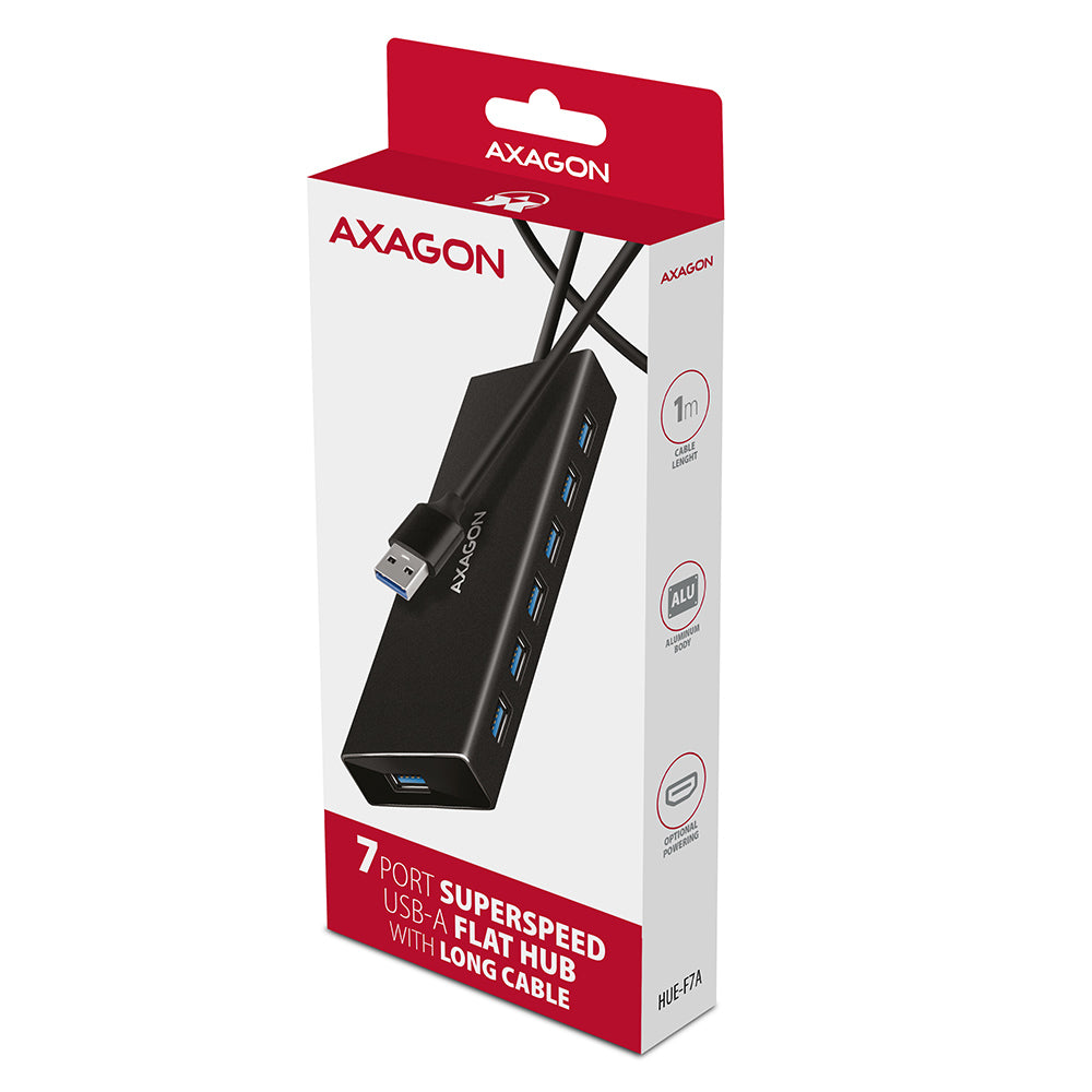 Axagon HUE-F7A Hub USB 3.2 Gen 1, 7 Ports, Aluminium Flat, Noir