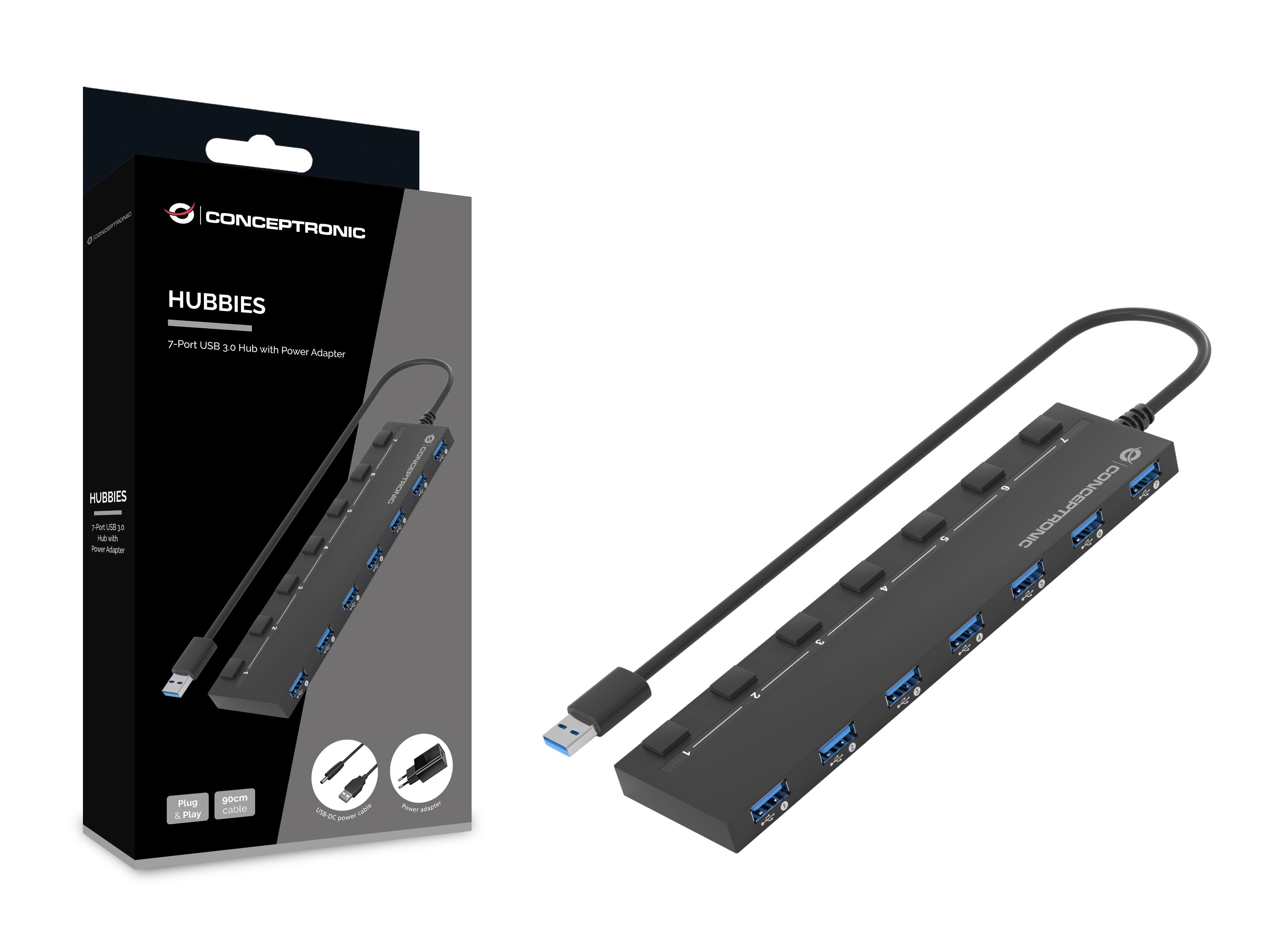 Conceptronic HUBBIES19BP hub & concentrateur USB 3.2 Gen 1 (3.1 Gen 1) Type-A 5000 Mbit/s Noir