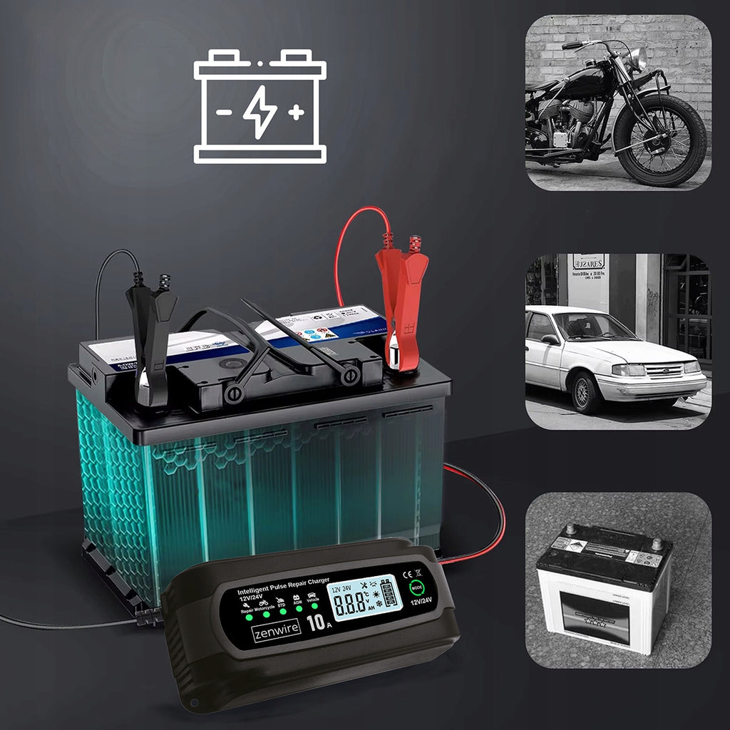 Chargeur-redresseur de batterie de voiture avec fonction de réparation 12 V, 24 V, 10 A Zenwire JMD-10