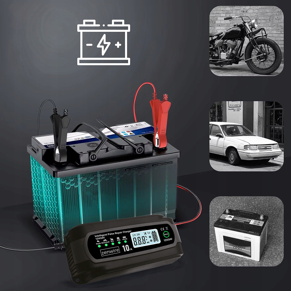 Chargeur-redresseur de batterie de voiture avec fonction de réparation 12 V, 24 V, 10 A Zenwire JMD-10