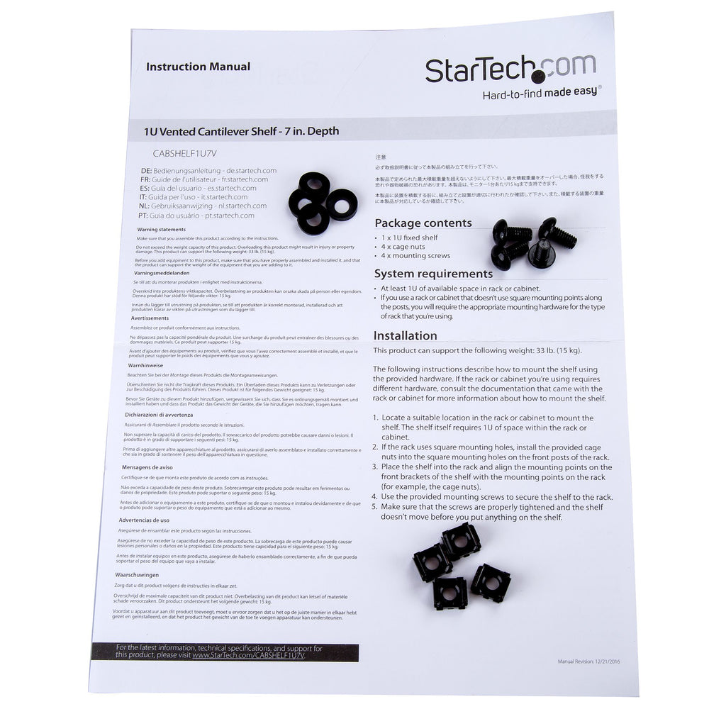 StarTech.com Étagère Ventilée 1U pour Rack Serveur, Profondeur 175 mm