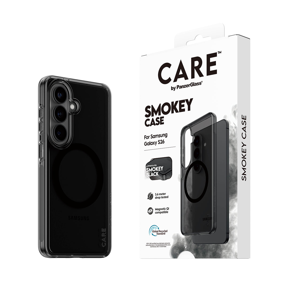 PanzerGlass CARE™ by ® Smokey Case w. Black Qi Samsung Galaxy S26 coque de protection pour téléphones portables Housse Noir