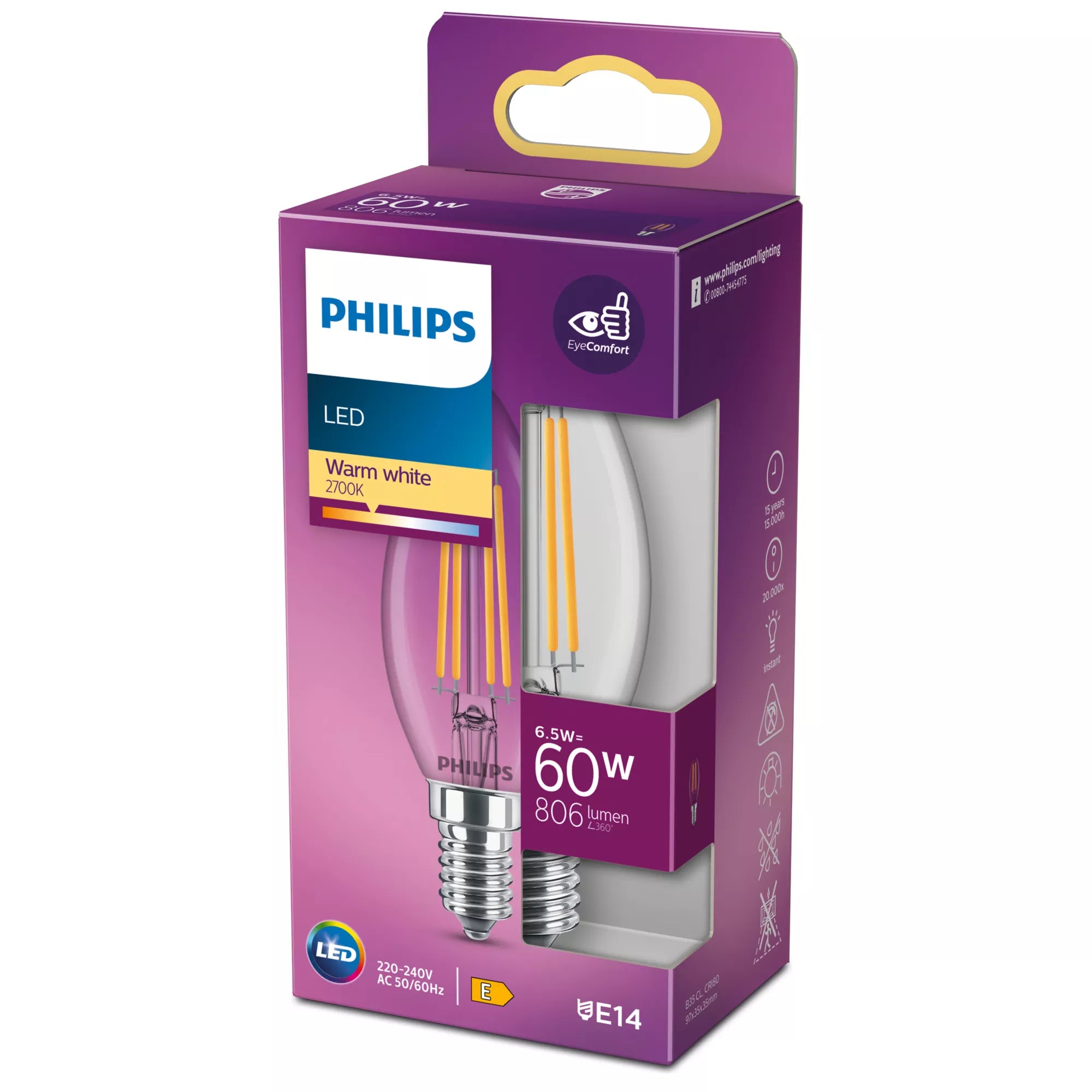 Philips Ampoule flamme transparente à filament 60W B35 E14