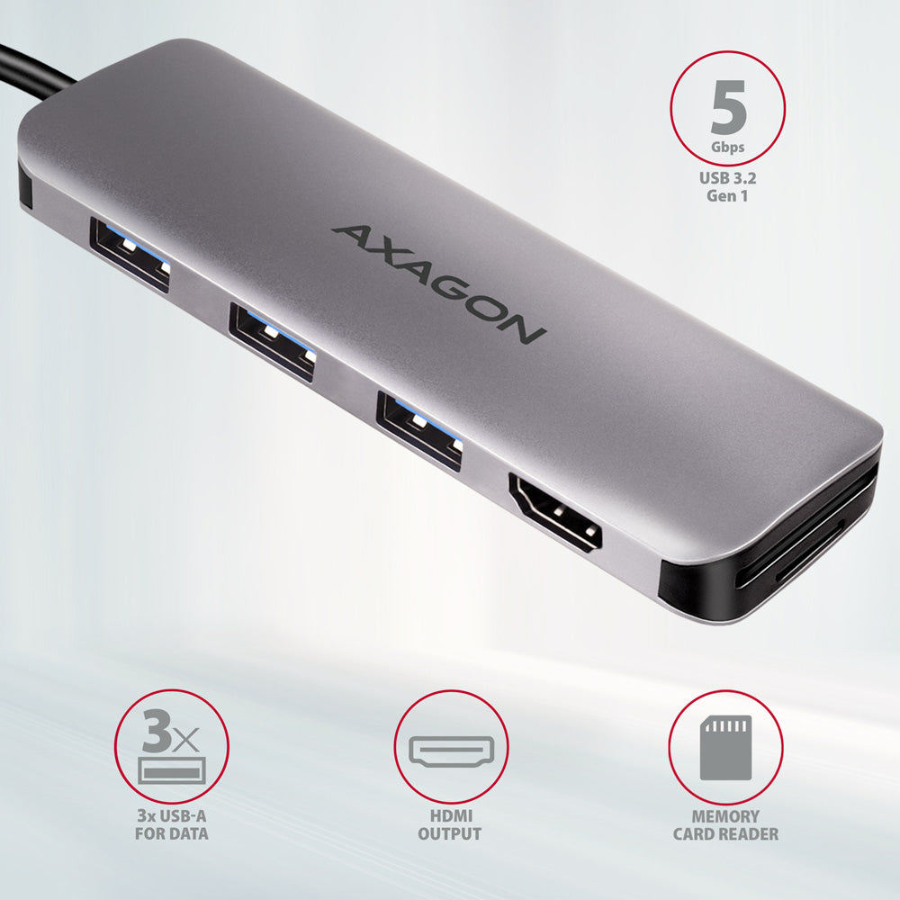 Axagon HMC-HCR3A 3x USB-A+ HDMI+ SD/microSD USB-C 3.2 Gen 1 hub 20cm Avec fil USB 3.2 Gen 1 (3.1 Gen 1) Type-C Gris
