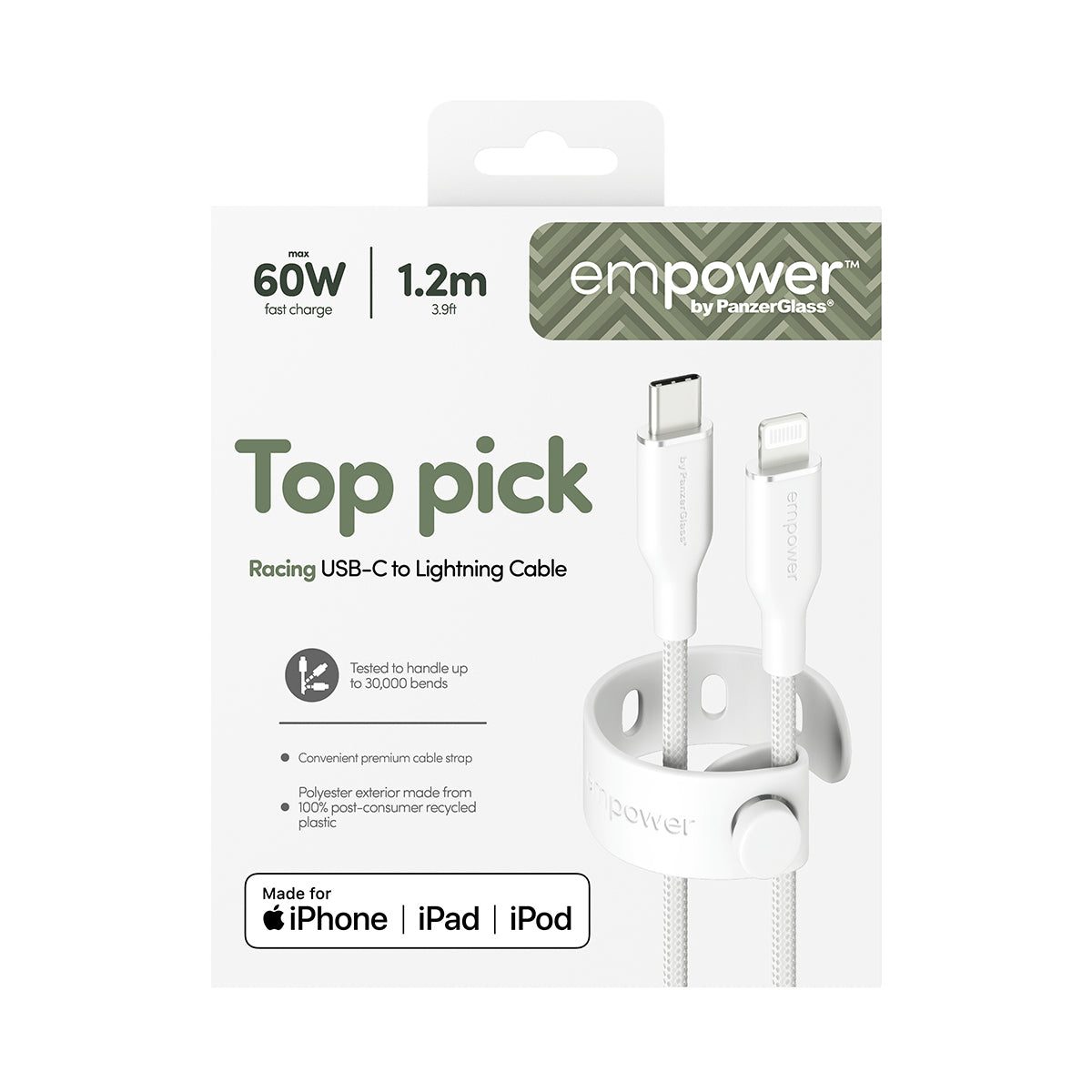 PanzerGlass empower™ by ® Racing 60W USB-C to Lightning Cable | USB 2.0 | 1.2M | Silver White câble USB Blanc