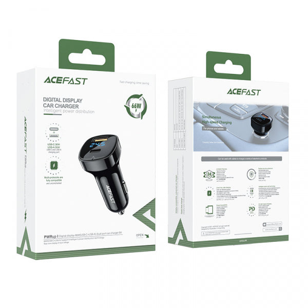 Acefast Car Charger B4, 66W, 3A, 1 x USB-A - 1 x USB-C, Black