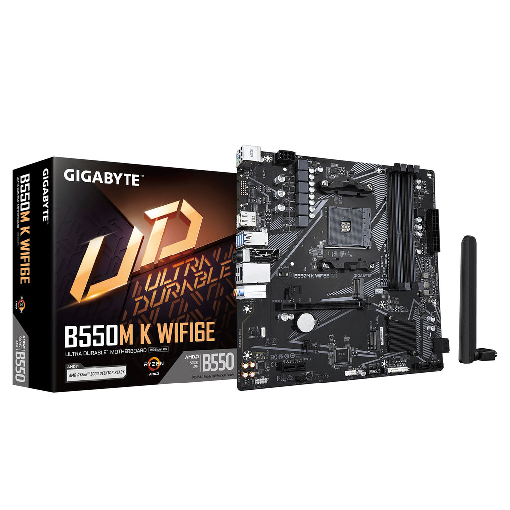 GIGABYTE B550M K WIFI6E Carte Mère – AMD Ryzen 5000 CPUs, jusqu’à 4733 MHz DDR4, 1x PCIe 4.0 + 1x PCIe 3.0 M.2, Wi-Fi 6E