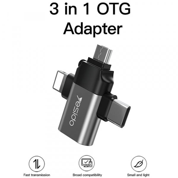 Yesido Lightning / microUSB / USB-C to USB-A OTG Adapter GS15, Black