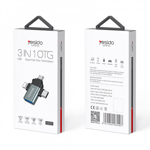 Yesido Lightning / microUSB / USB-C to USB-A OTG Adapter GS15, Black
