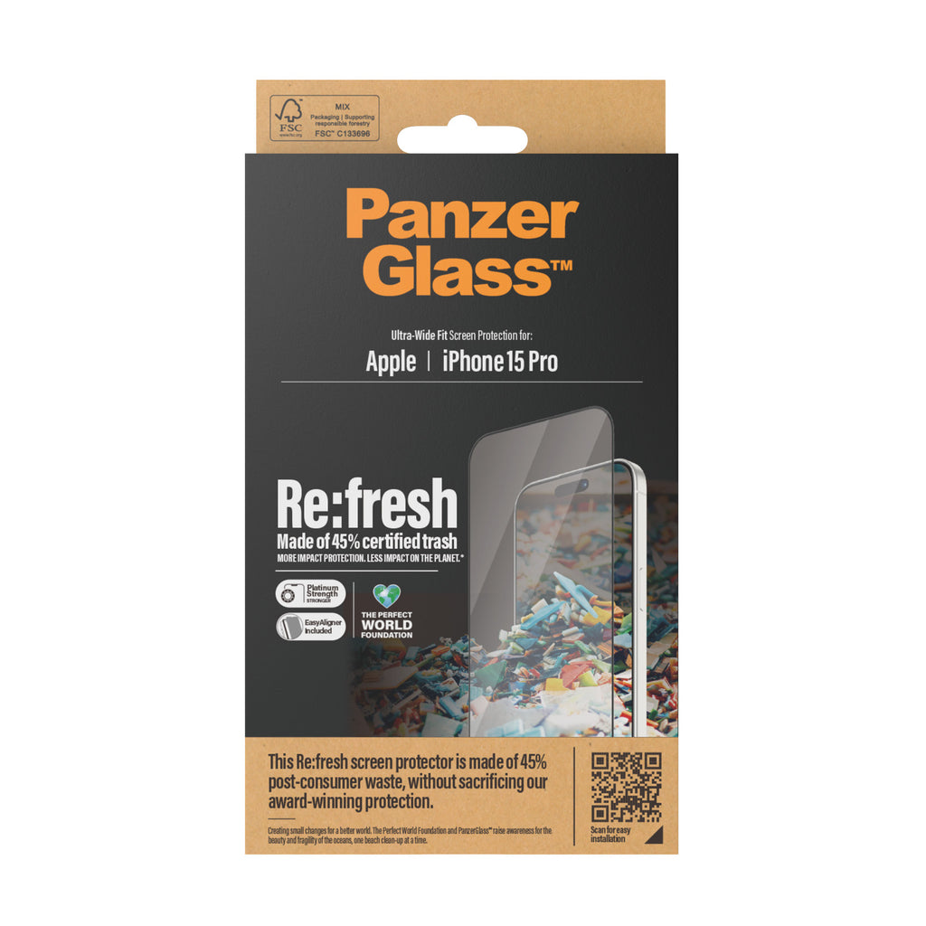 PanzerGlass ® Re:fresh Screen Protector iPhone 15 Pro | Ultra-Wide Fit w. EasyAligner Protection d'écran transparent Apple 1 pièce(s)