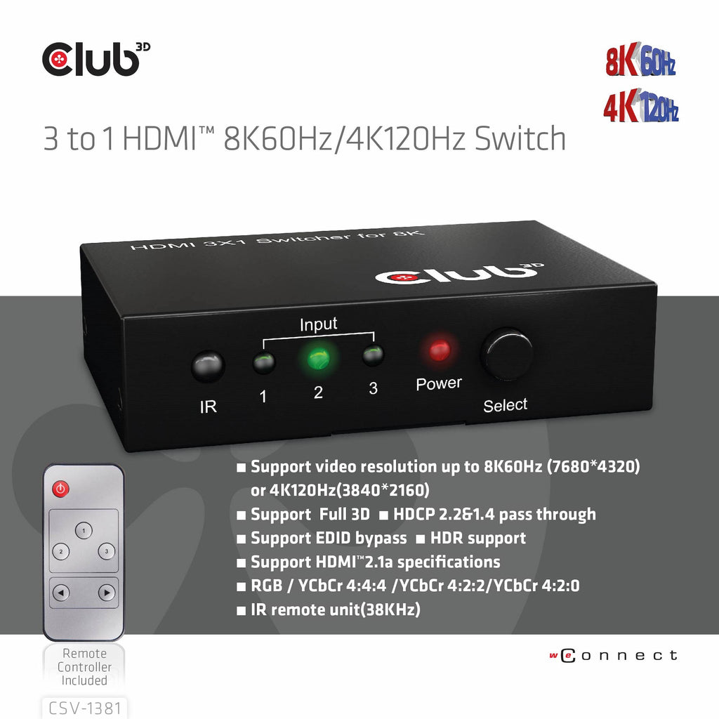 CLUB3D 3 to 1 HDMI 8K60Hz Switch commutateur écran, clavier et souris Noir