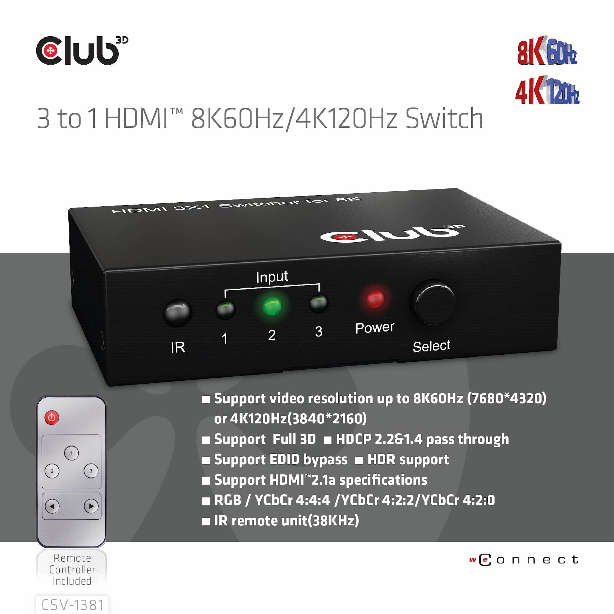 CLUB3D 3 to 1 HDMI 8K60Hz Switch commutateur écran, clavier et souris Noir