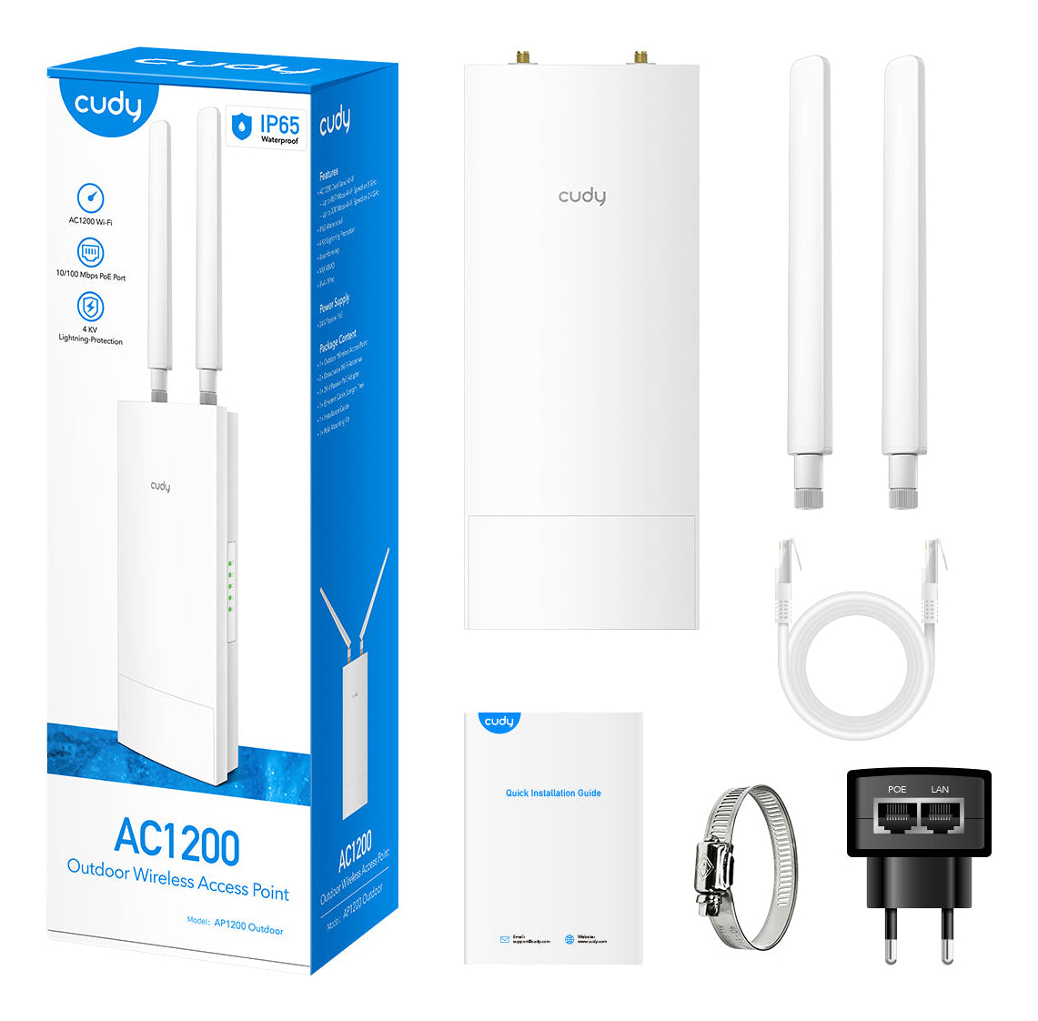Cudy AP1200 1167 Mbit/s Blanc Connexion Ethernet, supportant l'alimentation via ce port (PoE)