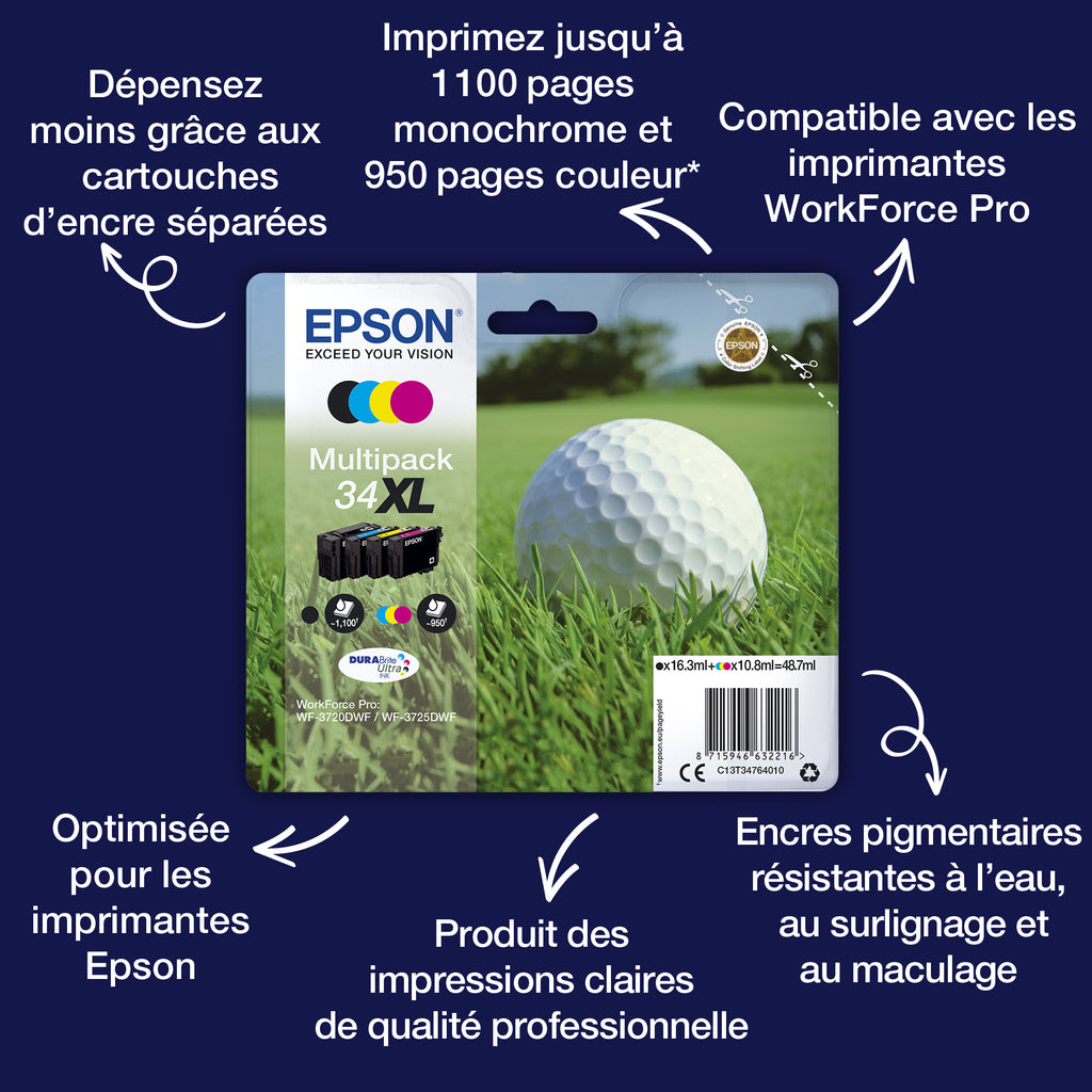 Epson Golf Ball Multipack 4 Couleurs 34 XL Noir et Standard CMY DURABrite Ultra