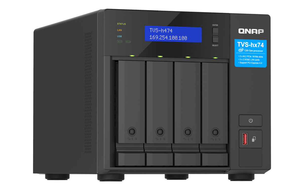 QNAP TVS-H474 NAS Tower Intel® Core™ i3 i3-12100 8 Go DDR4 0 To QuTS hero Noir